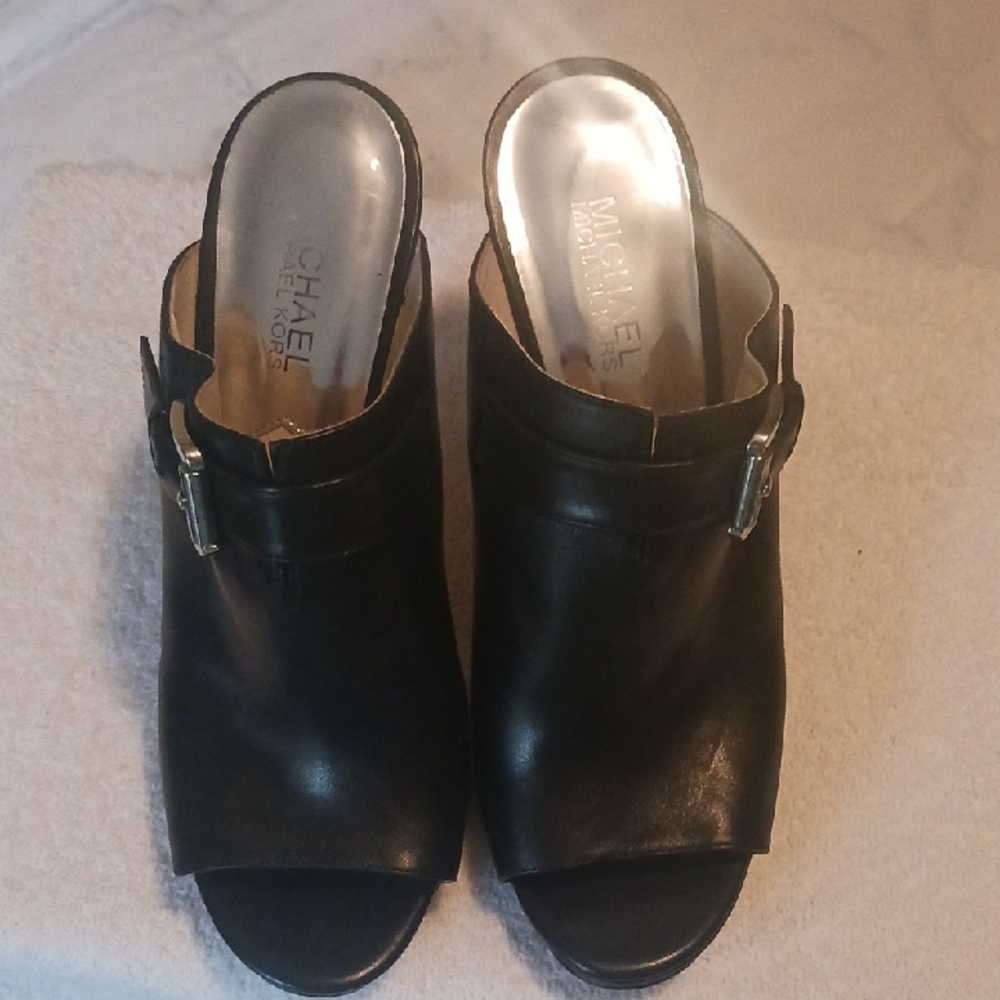 Michael Kors Black Leather Mules with Silver Buckle
